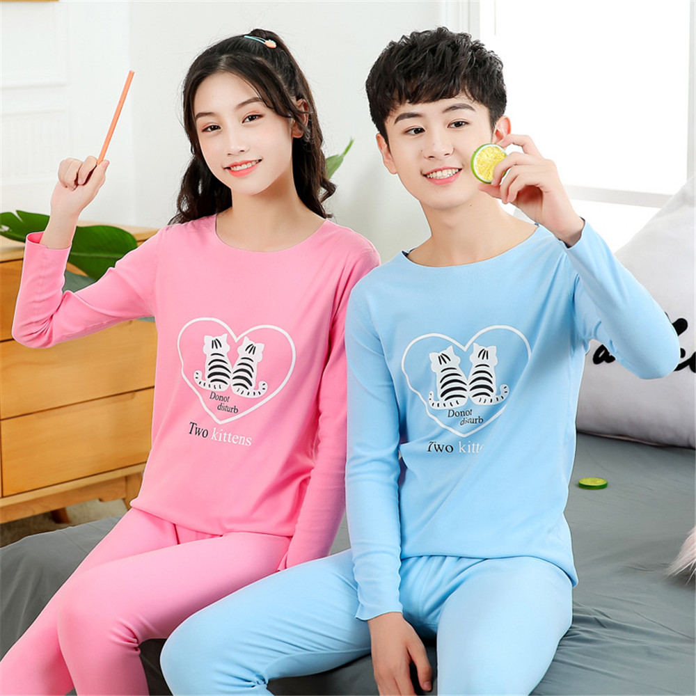 Korean Fashion Teens Sleepwear 8-18 Years Young Boys Pajamas 100% Cotton Set Sleepwear for Boys Girls Love Couple