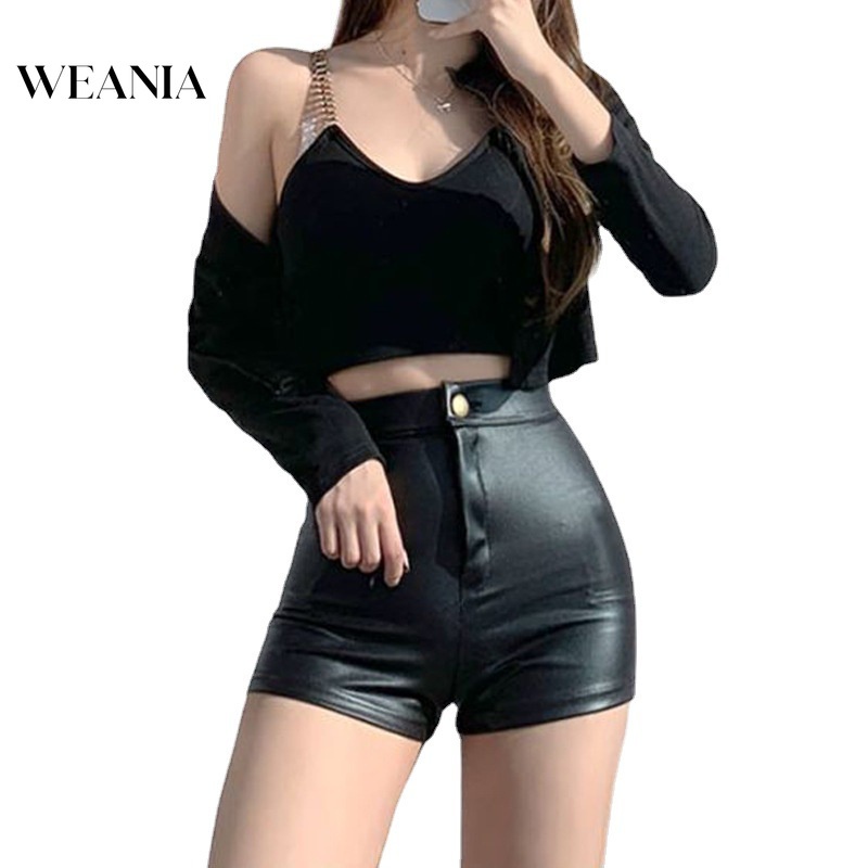 Quần Short Da PU Lưng Cao Phối Nút Size S-2XL Cho Nữ