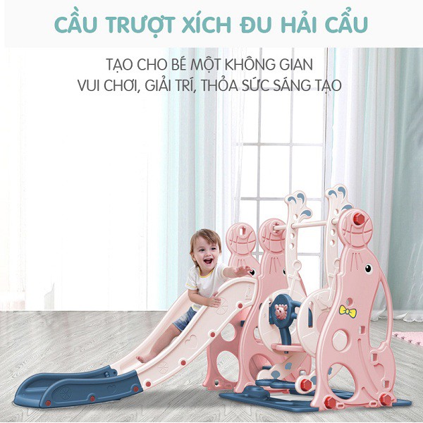 Cầu trượt xích đu hải cẩu CAYABE Holla cho bé màu xanh trắng đi kèm cột bóng rổ KT 180*155*118 cm