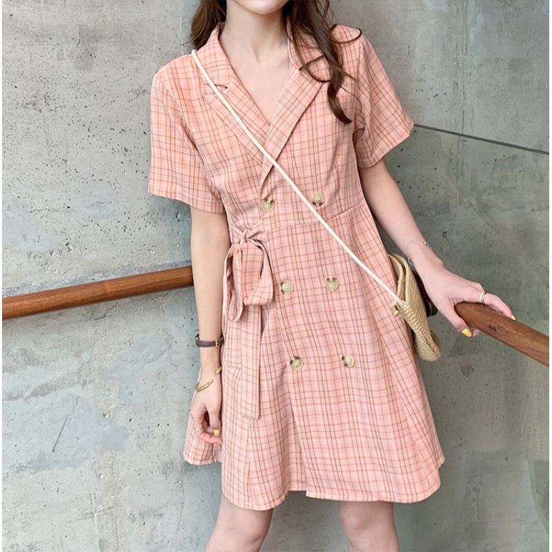 Đầm Công Sở Dáng Ôm Sọc Ca Rô Màu Tím Cỡ Nhỏ Phong Cách Hàn Quốc Thời Trang Mùa Hè Xinh Xắn Cho Nữ