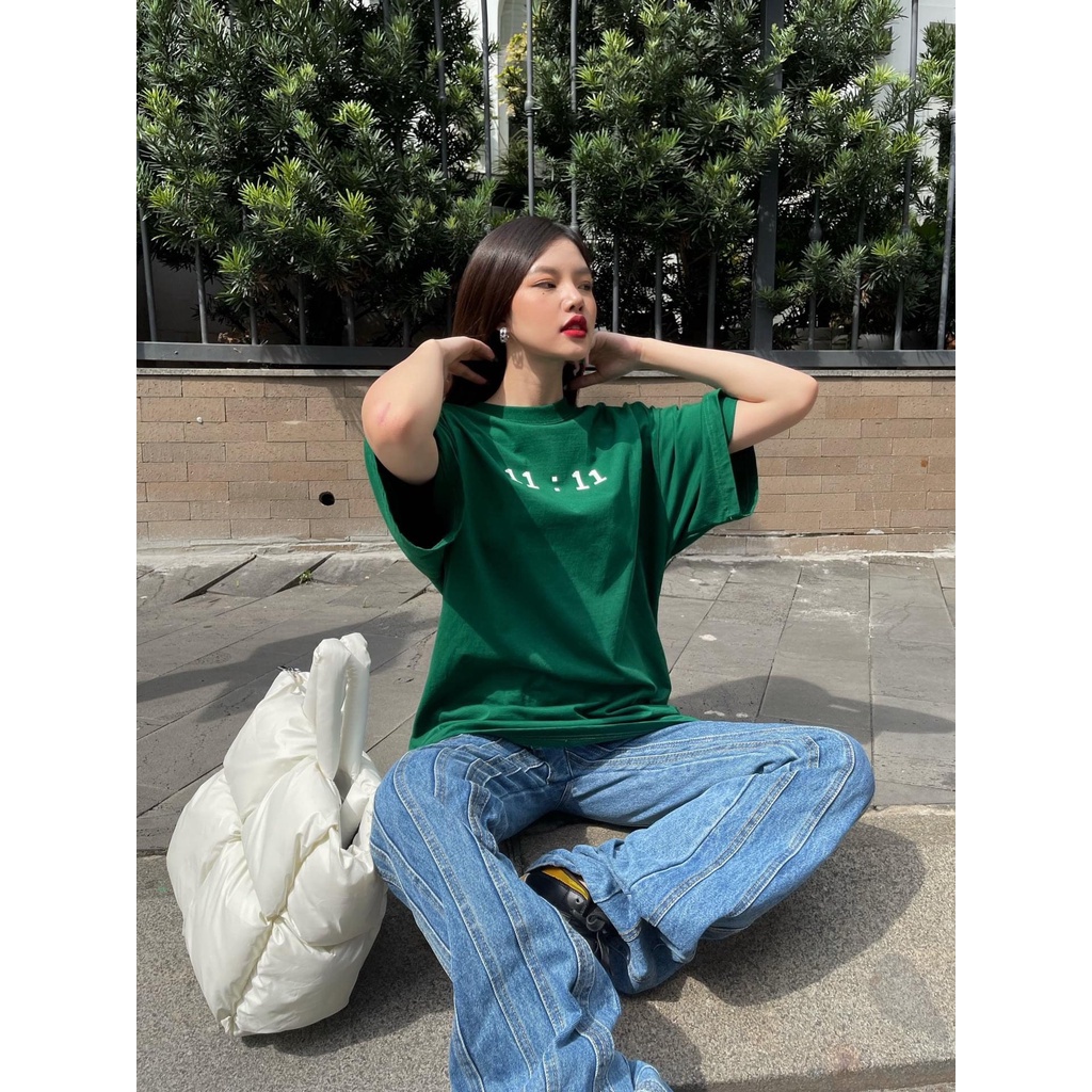 Áo thun xanh lá tay lỡ 11:11 form rộng, Chất Liệu COTTON siêu thoáng mát, Áo Thun Unisex Nam Nữ