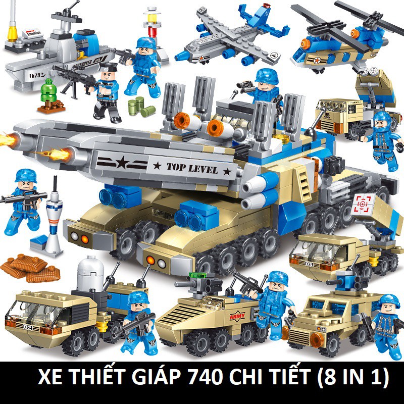 [740 CHI TIẾT] Bộ Lego lắp ráp xếp hình XE TĂNG THIẾT GIÁP 4 NÒNG SÚNG TOP LEVEL, HỘP 8 TRONG 1