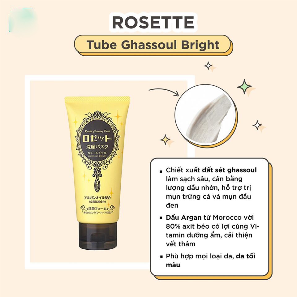 Sữa rửa mặt trắng da giảm mụn Rosette Face Wash Pasta Ghassoul Bright màu vàng 120g