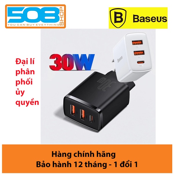 Củ sạc Baseus 30W mini 3 cổng Type C, 2 USB, Baseus Compact Quick Charger tích hợp 3 cổng sạc nhanh Type C(PD) và 2*USB