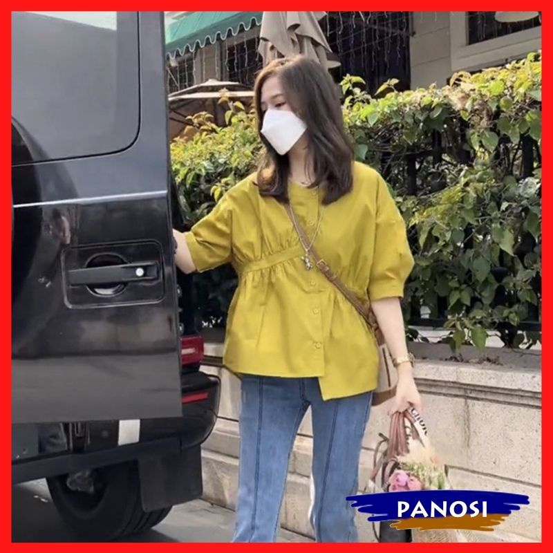 Áo sơ mi nữ áo kiểu nữ thiết kế cách điệu nhún chun eo form rộng rãi thoải mái chất liệu mềm mịn PANOSI - A213