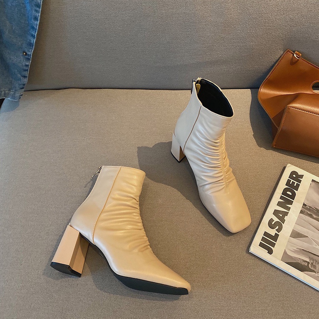 [Quà tặng là dây chun buộc tóc nữ] Boot da lì nhún chun gân giữa Bốt cao gót mũi vuông 7p Lucy Outfit thiết kế fullbox | BigBuy360 - bigbuy360.vn