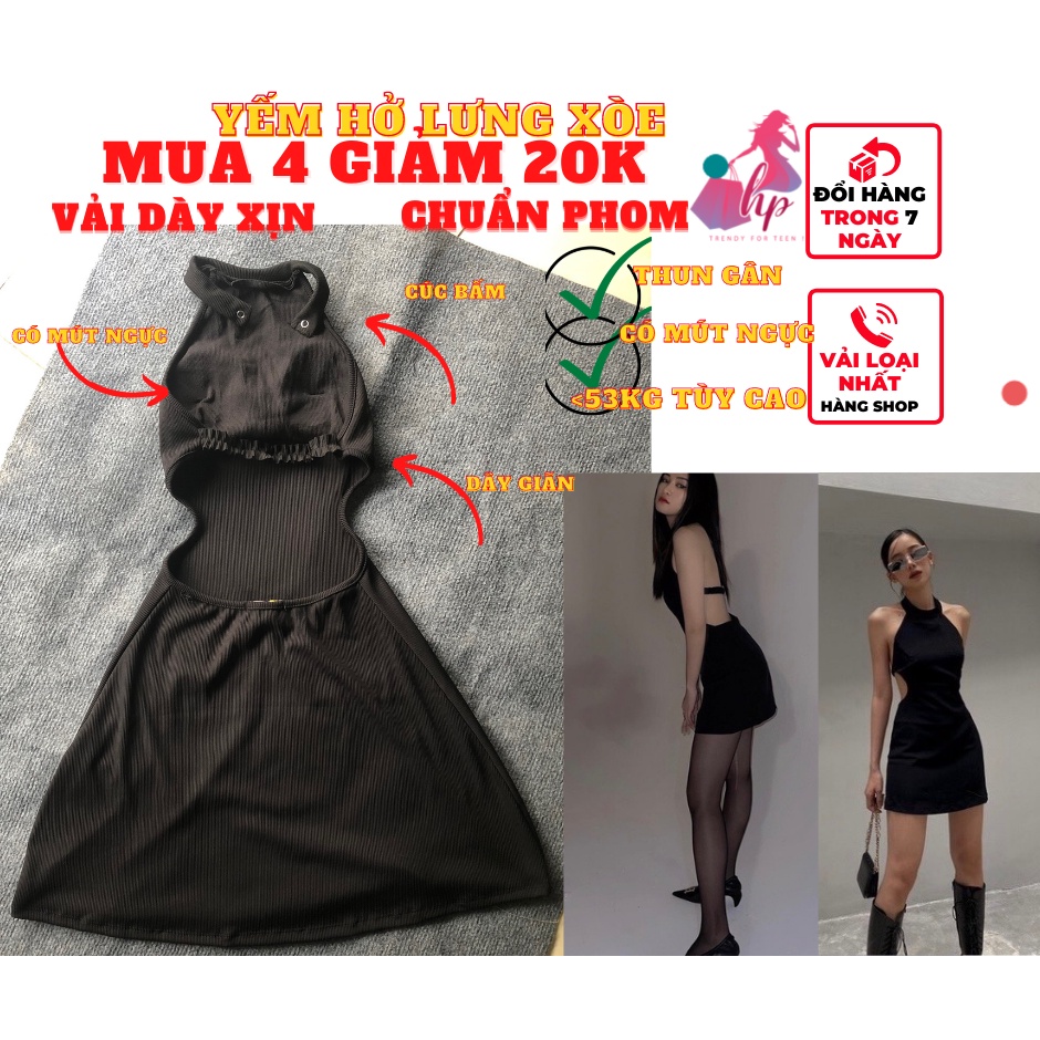 Váy đầm nữ hở lưng dạng yếm dáng xòe cài cúc màu đen thun gân sexy phong cách sang chảnh -VD141