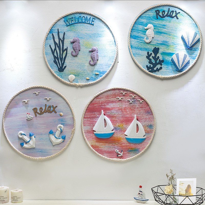 Khung gỗ treo tường trang trí hình tròn size 39cm - Decor đồ trang trí theo phong cách biển Địa Trung Hải