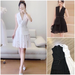Đầm xoè cổ vest ghi lê phối chân ren kèm đai