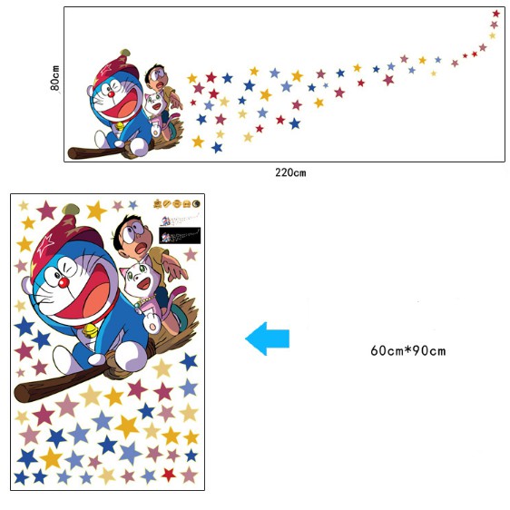 Decal trang trí Doremon và Nobita cùng chổi bay- Dạ quang ( Kèm Ânh thật )