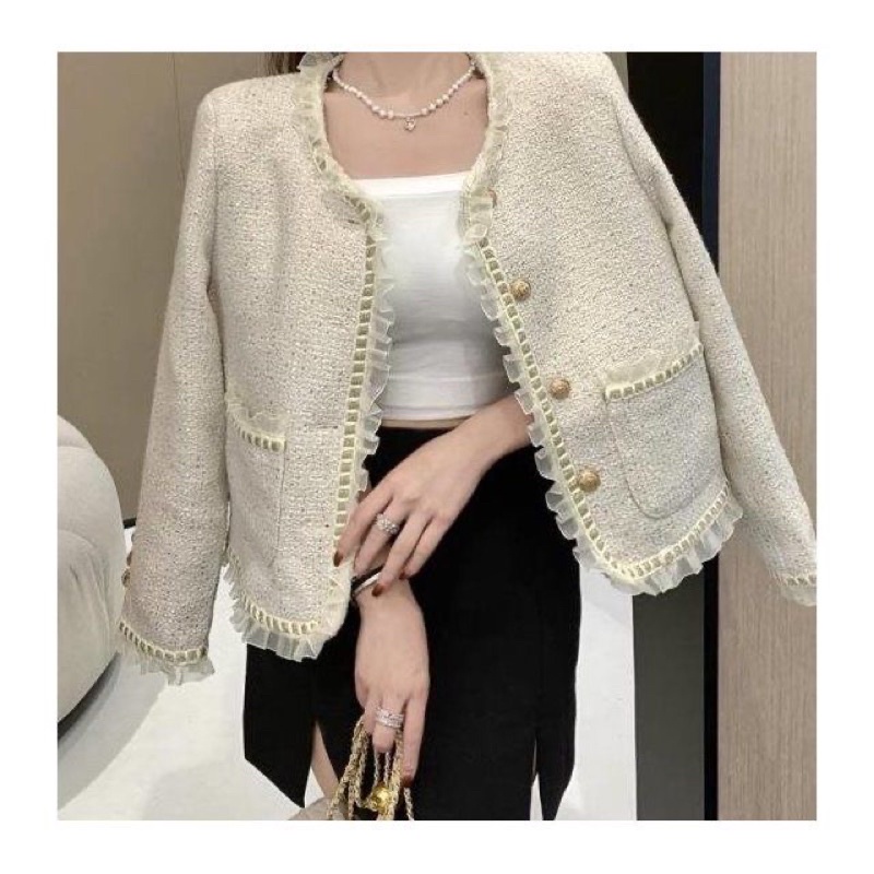 Áo khoác dạ tweed nữ viền ren tiểu thư