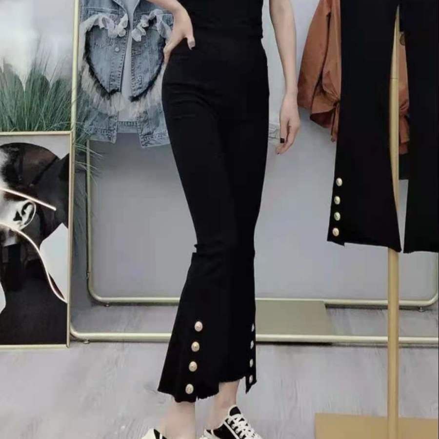 Quần lưng co giãn dáng ôm phối bốn nút gài kiểu xẻ tà không đồng đều thời trang mùa thu phong cách Hàn Quốc