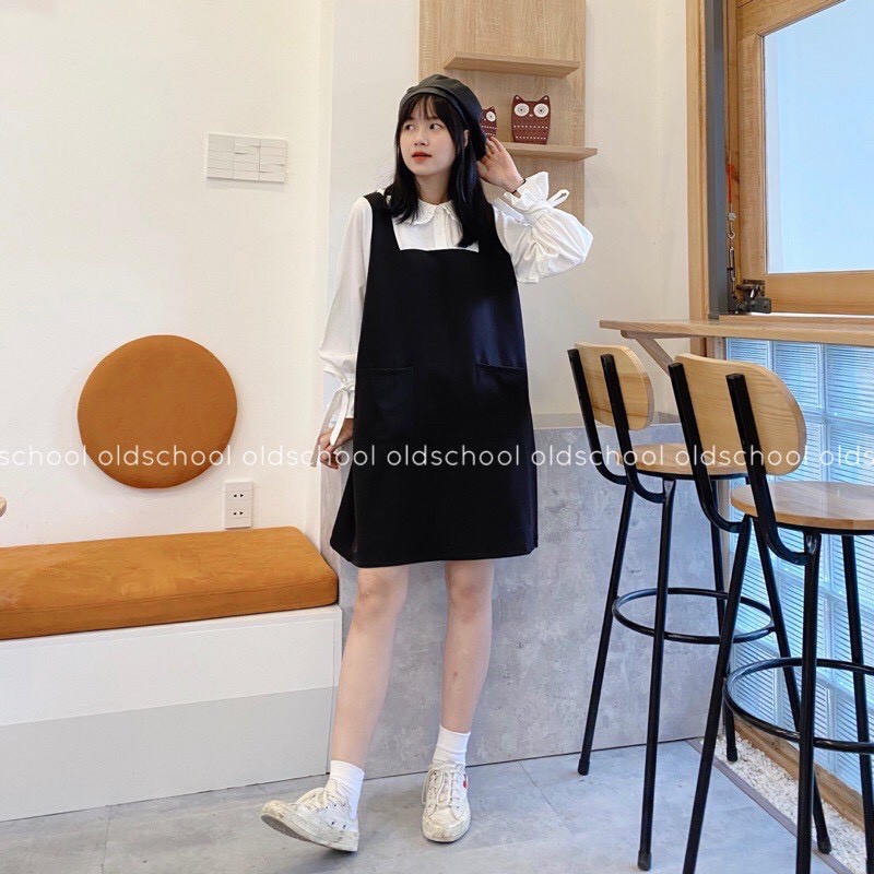 Váy cổ sen liền yếm hai dây thắt nơ tay