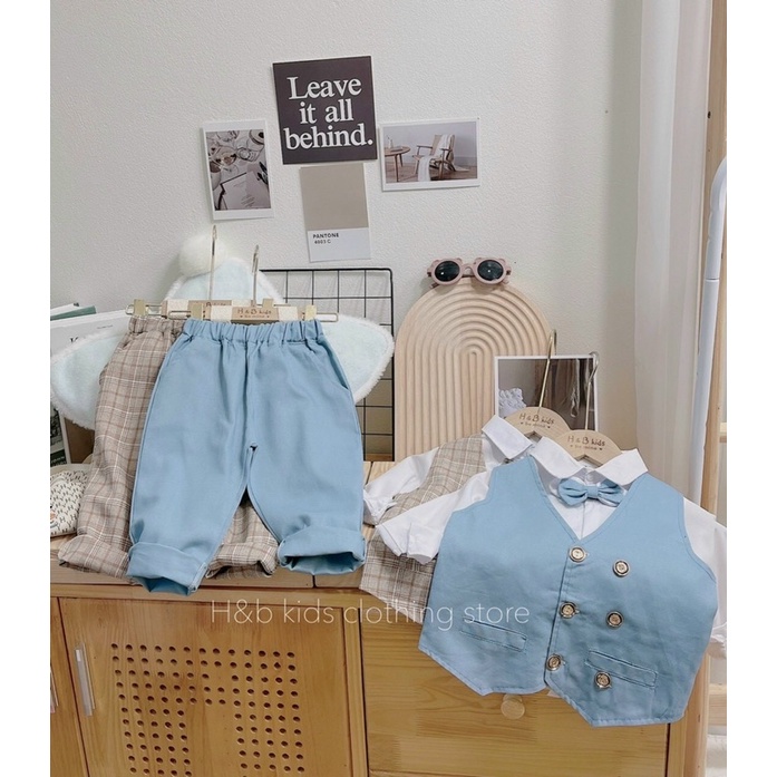 Set áo sơ mi dài tay kèm quần và áo ghile cho bé trai🐶Set vest cho bé