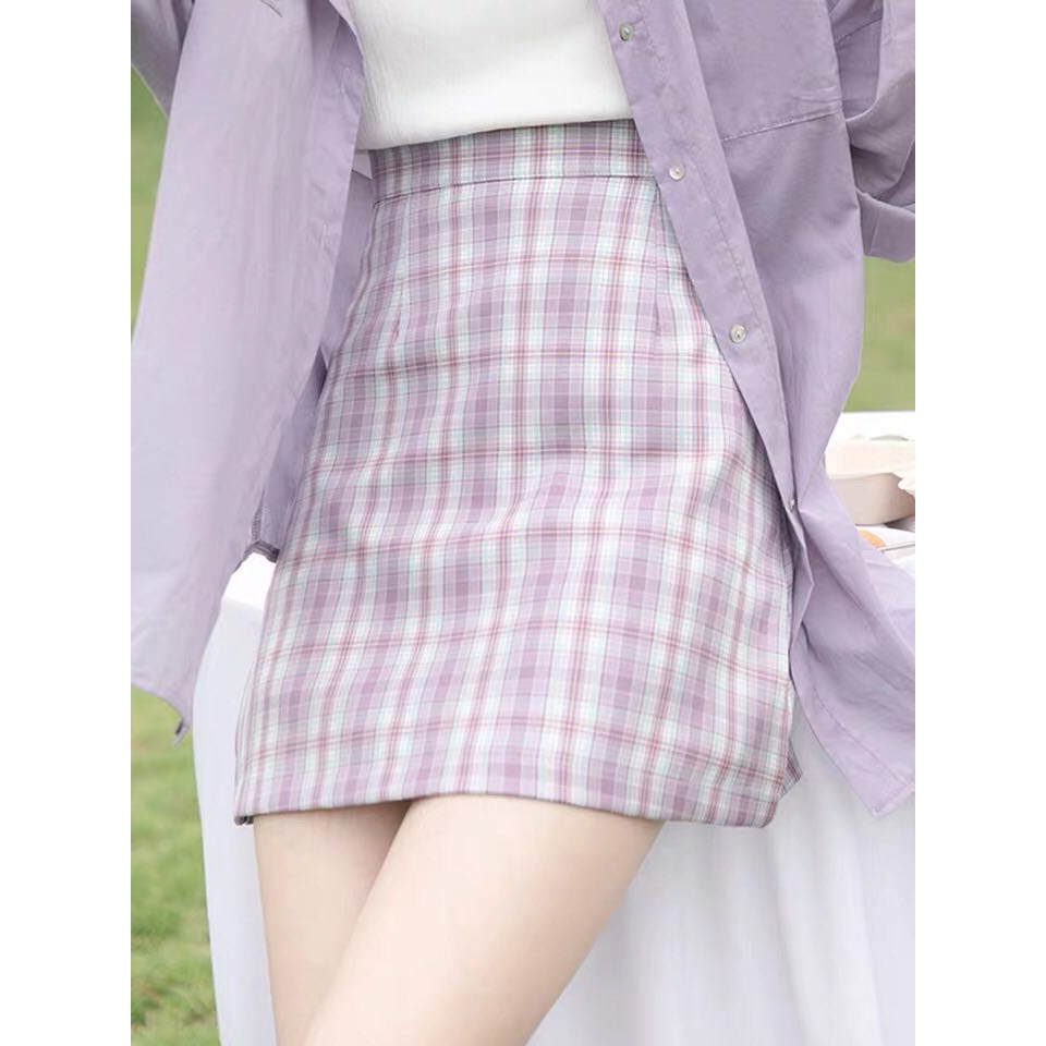 CÓ SẴN Set áo sơ mi cũng chân váy tím kẻ caro màu pastel