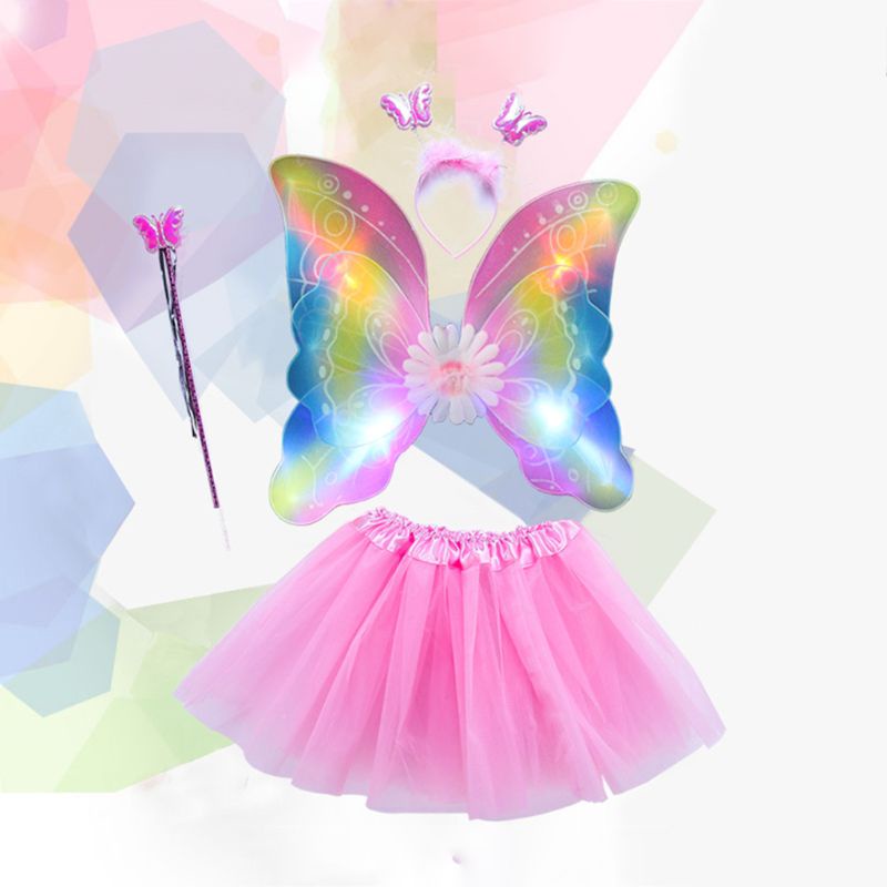 Set trang phục gắn đèn LED gồm váy tutu đôi cánh bướm đũa phép băng đô phong cách công chúa cho bé gái dùng biểu diễn