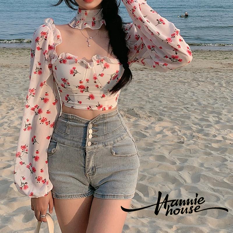 Áo Kiểu Trễ Vai Tay Phồng In Hoa Thời Trang Cho Nữ