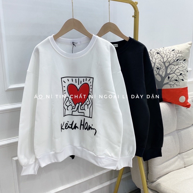 Áo sweater nỉ tim cổ tròn dài tay áo nỉ tàu không mũ