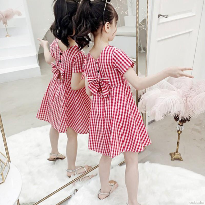 Đầm caro đính nơ sau lưng hở lưng tay ngắn thời trang đáng yêu cho bé gái 3-12t