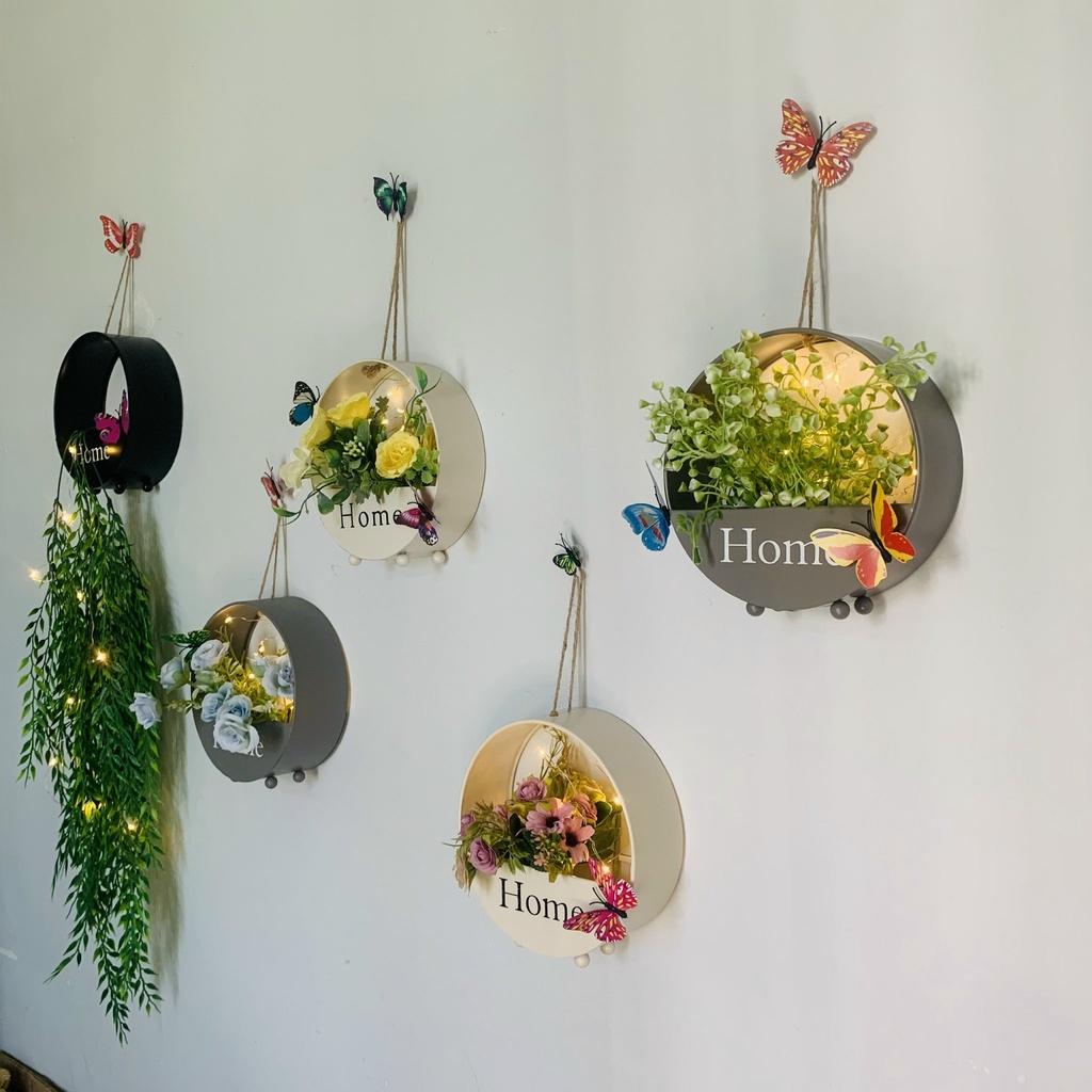 Combo Giỏ hoa chữ Home treo tường cắm sẵn nhiều mẫu hoa xinh SG.DECOR TẶNG kèm đèn led phụ kiện decor xinh xắn