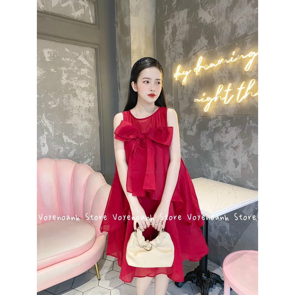 Đầm voan xốp xòe đính nơ 2 màu xinh xắn