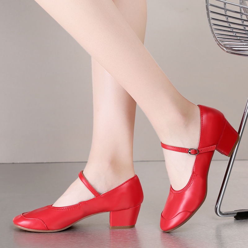 Giày Khiêu Vũ Đế Mềm Gót Vừa Mũi Vuông Màu Đỏ Thời Trang Cao Cấp Cho Nữ