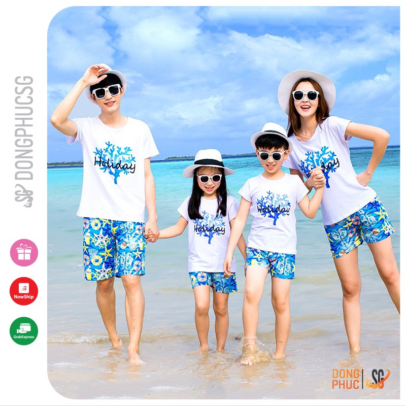 Áo thun gia đình Holiday đồ đồng phục gia đình 3/4/5 người thun cotton dày dặn màu trắng GD336T DONGPHUCSG