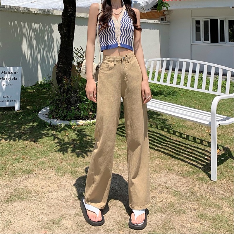 Quần jeans dài SUXI lưng cao ống rộng màu sắc đơn giản thời trang xuân hè cho nữ