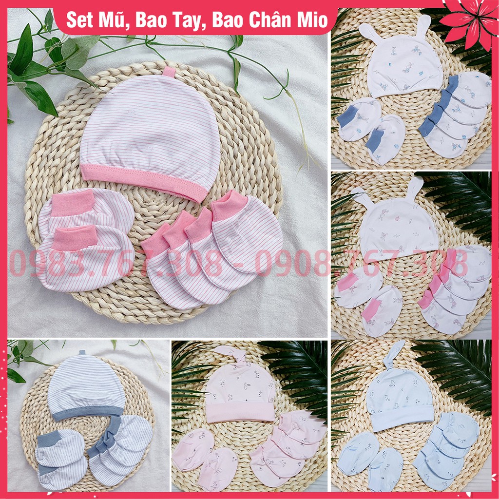 [TRỌN BỘ] Bộ Mũ Bao Tay, Bao Chân Cho Bé Sơ Sinh Miomio - Cotton Mỏng Mio