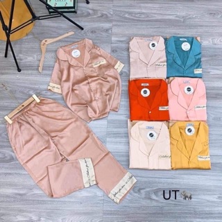 BỘ LỤA SATIN PHỐI CHỮ TAY NGẮN QUẦN DÀI