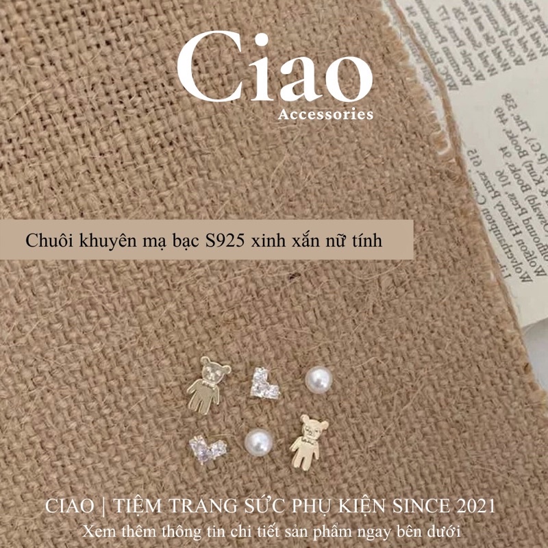 [HOẢ TỐC 1H] Set 3 khuyên tai/ bông tai mạ bạc S925 thiết kế xinh xắn đính đá charm gấu Mimim Ciao