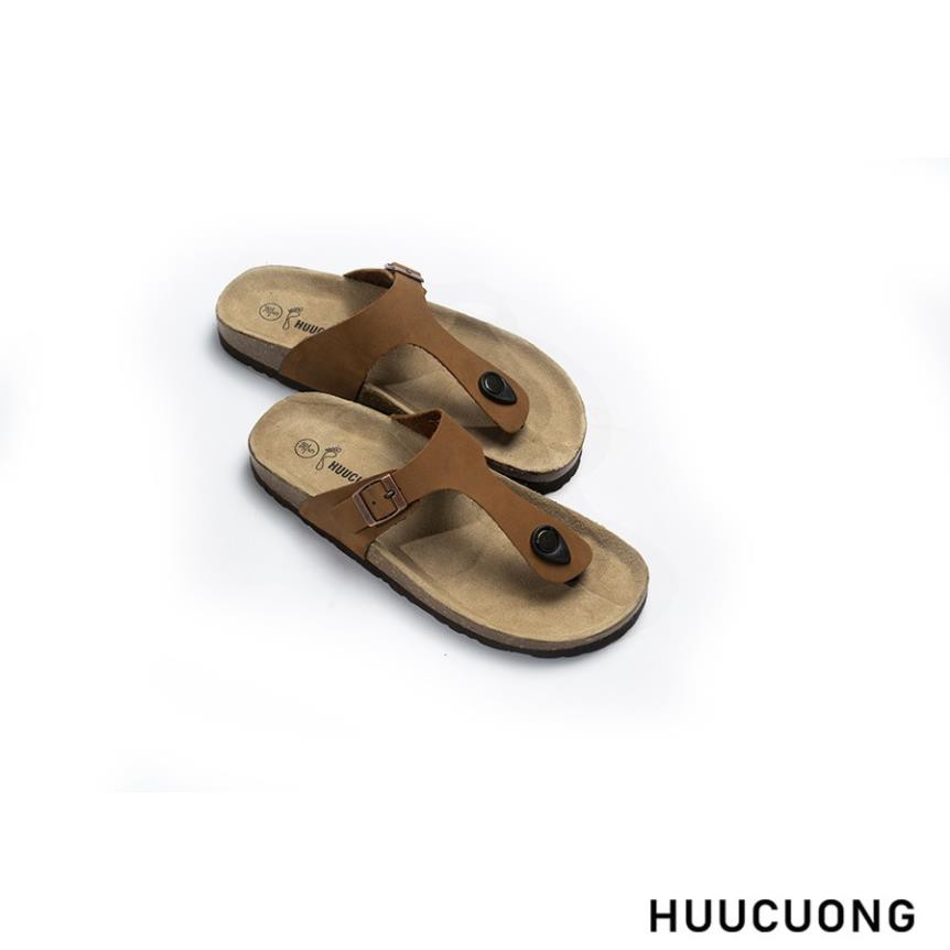 Dép unisex Kẹp Ngón HUUCUONG Quai Da Thật Màu Nâu Đế Trấu