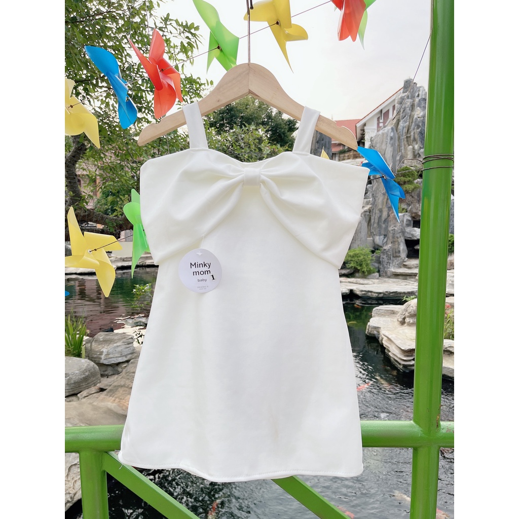 Váy 2 dây bé gái dáng xòe đính nơ ngực trễ vai bé gái từ 10-22kg