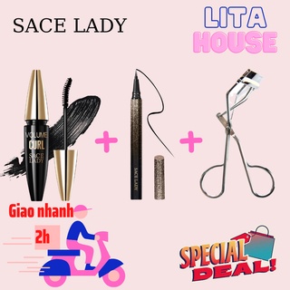Combo Mascara Volume Curl + Eyeliner + Bấm mi  Sace Lady cong dài, dày mi, chống nước chống nhòe