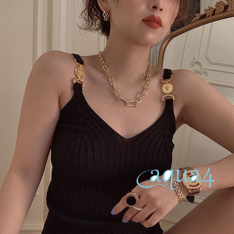 Áo Tank Top Cổ Chữ V Dệt Kim Thoáng Khí Thiết Kế Dây Xích Kim Loại Thời Trang Cho Nữ