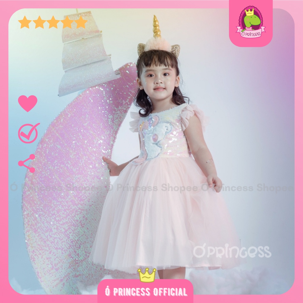 Váy công chúa Unicorn cho bé hồng cam, tay cánh tiên đáng yêu bồng bềnh ngọt ngào lấp lánh kim sa [DU03-74]