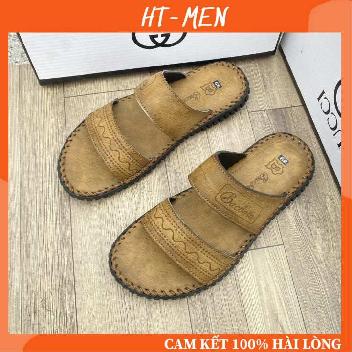 Dép Lê Hai Quai Ngang Chất Da Cho Nam Đế Khâu Viền Full Box