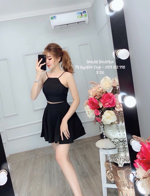 Set áo yếm cột kèm chân váy xoè + Ảnh thật