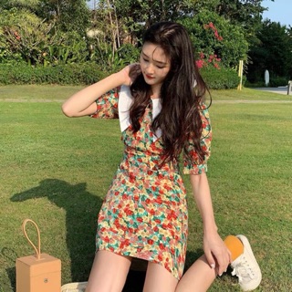 Đầm hoa ullzang dáng ngắn cổ sen trắng