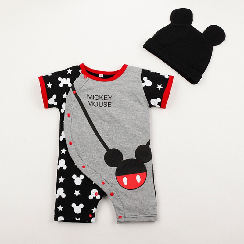 Áo liền quần cotton ngắn tay in họa tiết Mickey kèm mũ thời trang cho bé