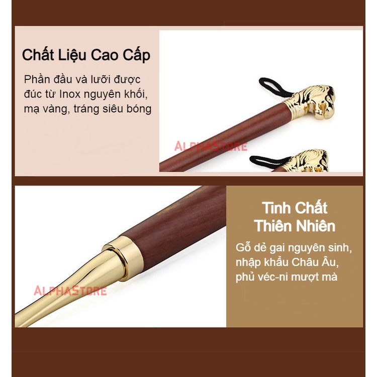 Đón Gót Giày Sư Tử Vàng Lion Head Shoe Horn - Dài 32cm/50cm/58cm - Cây Xỏ Giày Đầu Sư Tử Inox Mạ Vàng, Cán Gỗ Cao Cấp