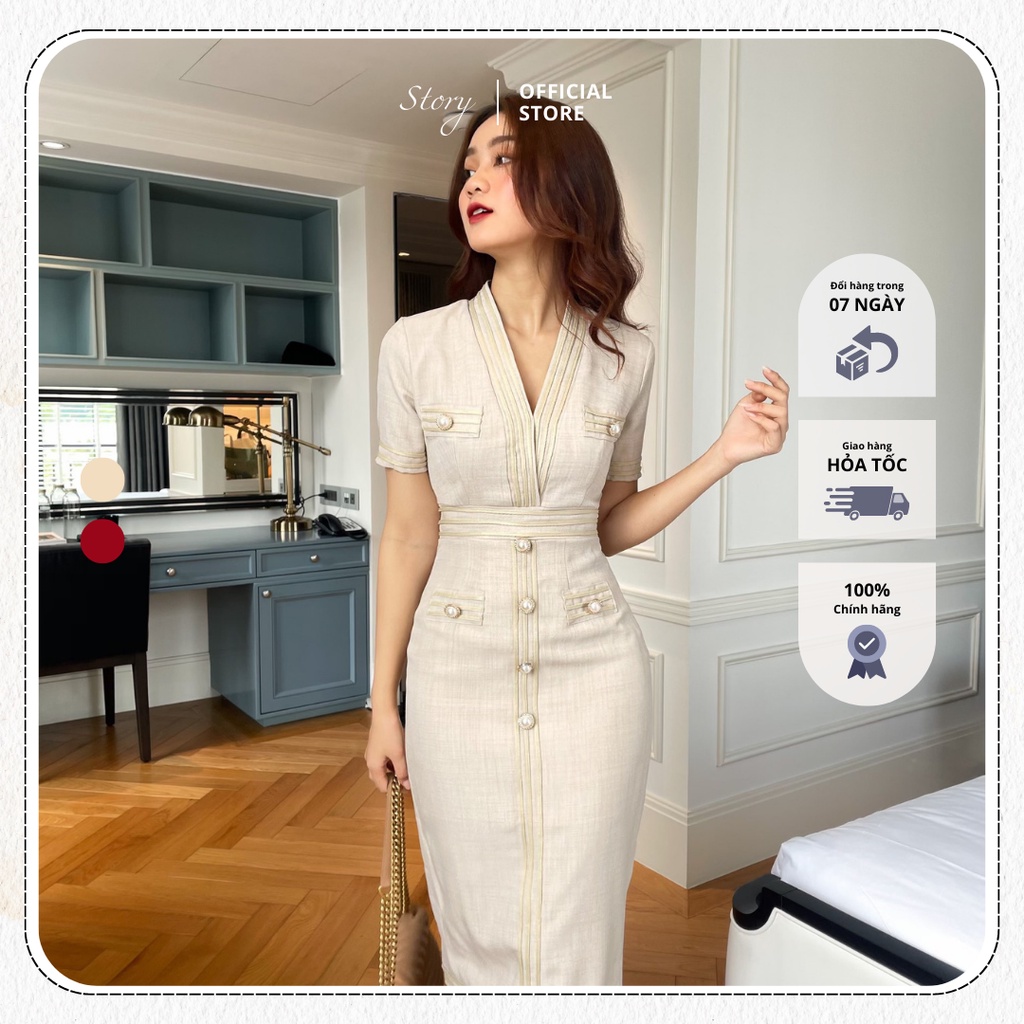 STORY Đầm Heris body tay ngắn viền phối nút Story.clothes thời trang nữ