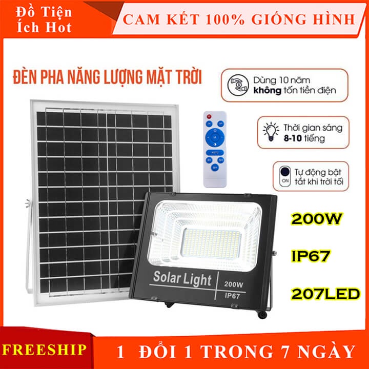 Đèn pha năng lượng mặt trời 200w Solar Light pin rời cảm biến ánh sáng, có điều khiển từ xa