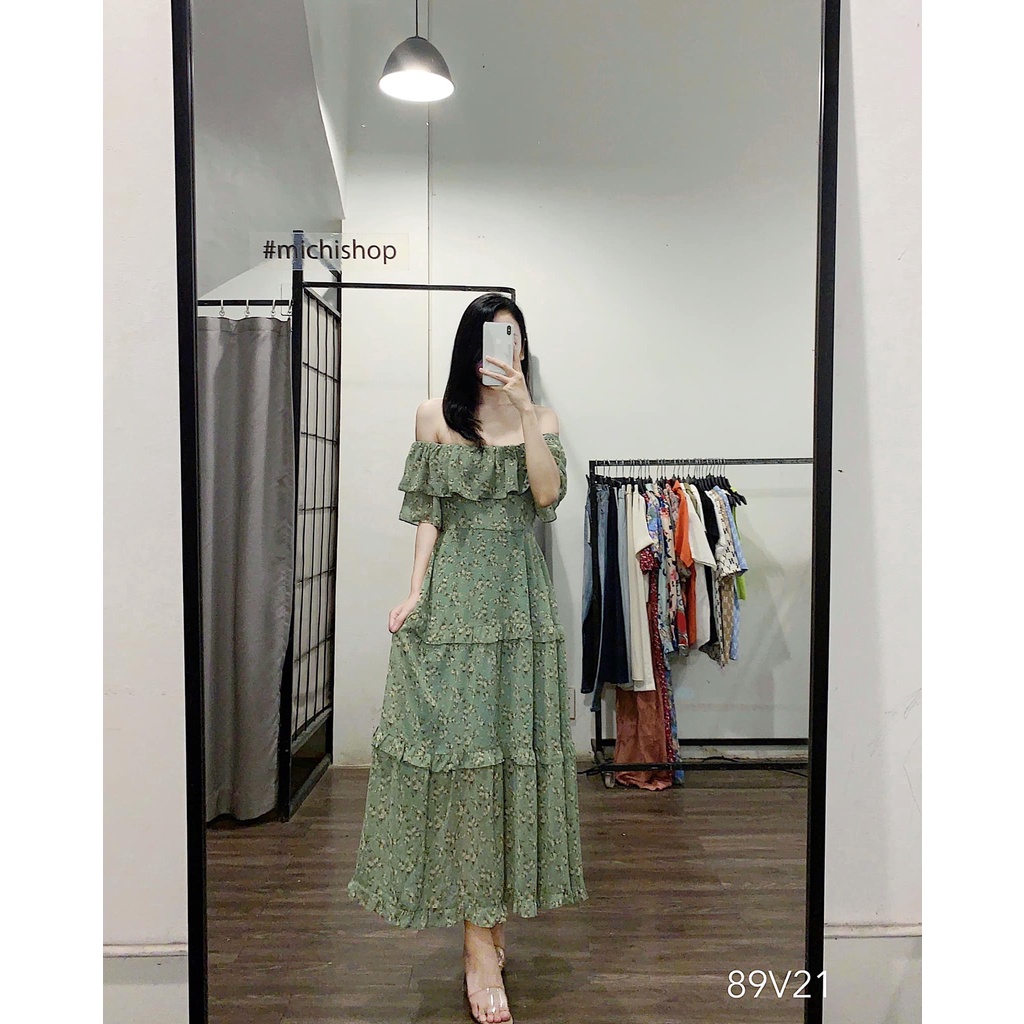 Váy maxi trễ vai đi biển voan cao cấp hoa nhí xanh - 89V21