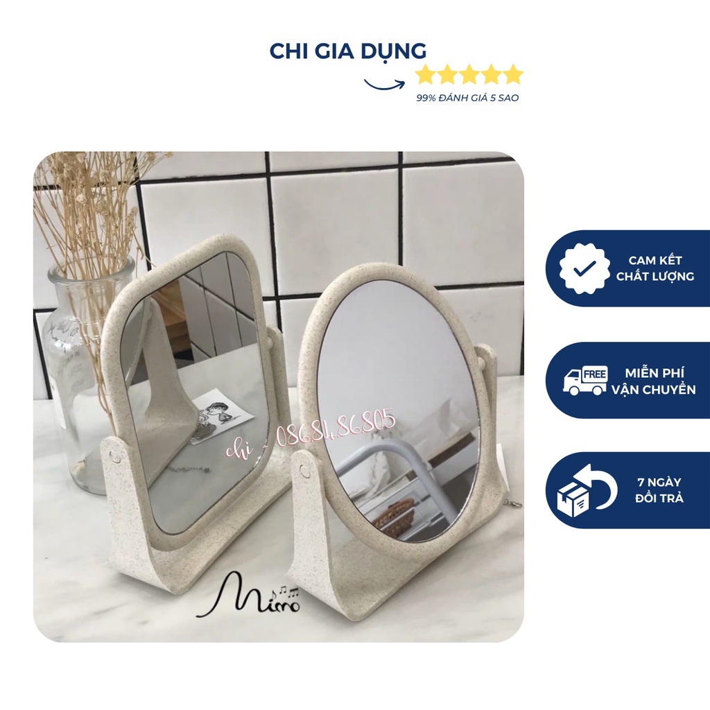 Gương trang điểm để bàn xoay 360 độ Gương soi di động 2 mặt kính dễ thương