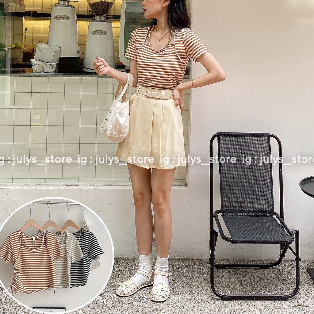 Áo thun kẻ rút sườn hở vai (ảnh thật kèm video)