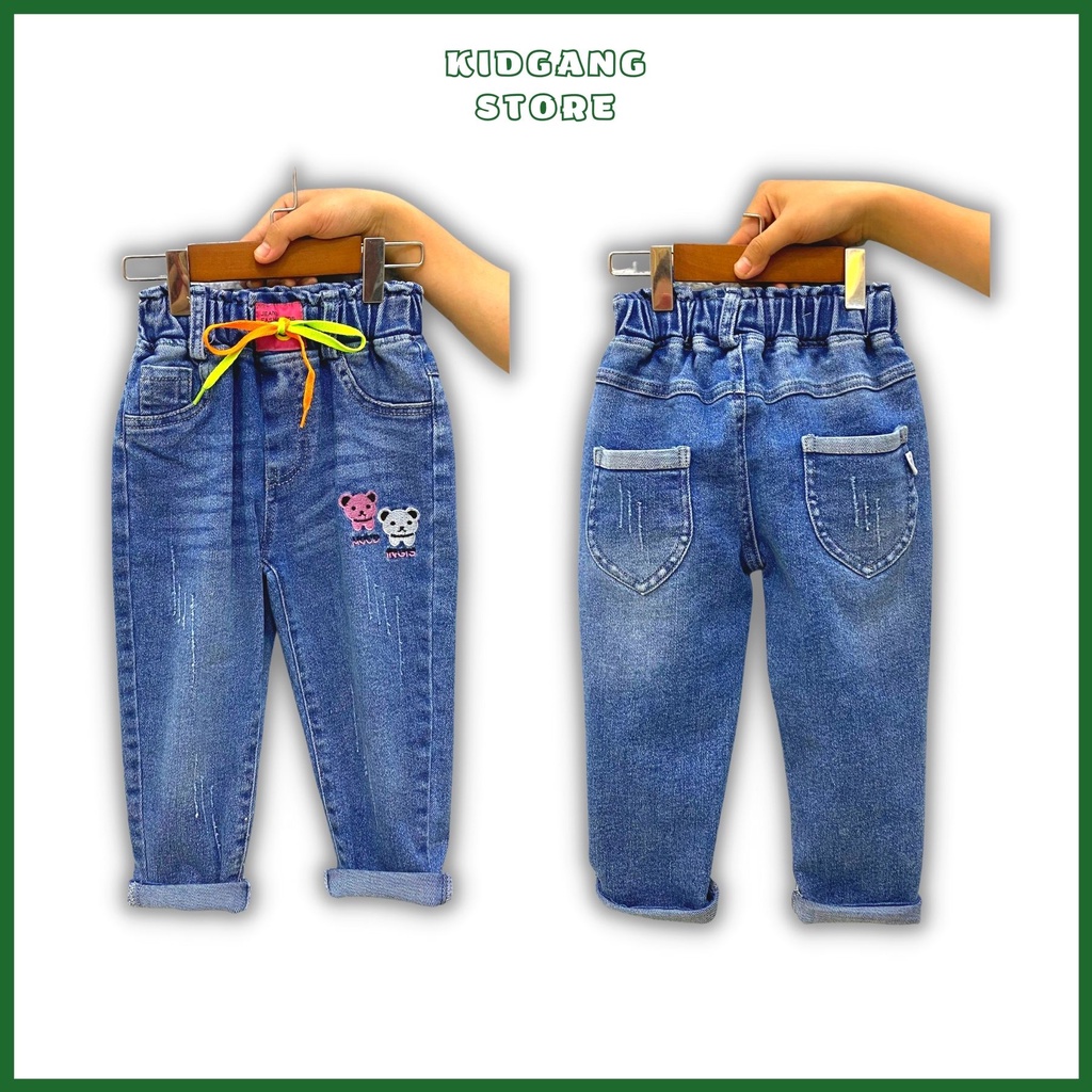 Quần bò bé gái, quần jean bé gái 16-22kg KIDGANG thêu gấu, quần dài cho bé