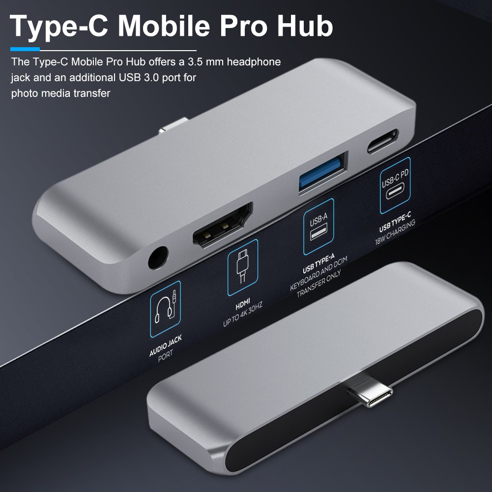 PUR Mobile Pro Hub Adapter with USB-C PD Charging 4K HDMI USB 3.0 3.5mm Headphone Jack for iPad Pro