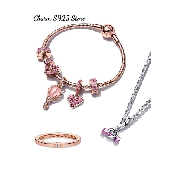 COMBO BỘ VÒNG TAY CHARM PAN ALE MIX 5 HẠT CHARM VÀNG HỒNG ĐÍNH ĐÁ BẠC S925