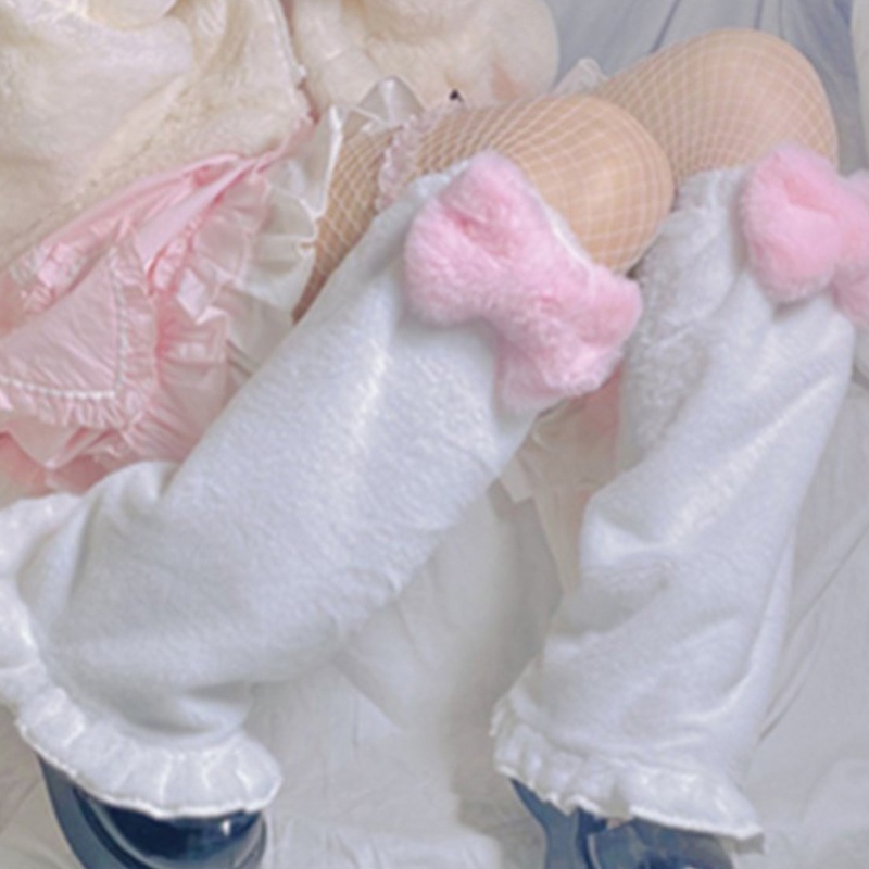 Youyo Giày Bốt Nhung Cao Đến Đầu Gối Phối Lông Xù Đính Nơ Phong Cách Harajuku Lolita Ngọt Ngào Giữ Ấm Mùa Đông Cho Nữ